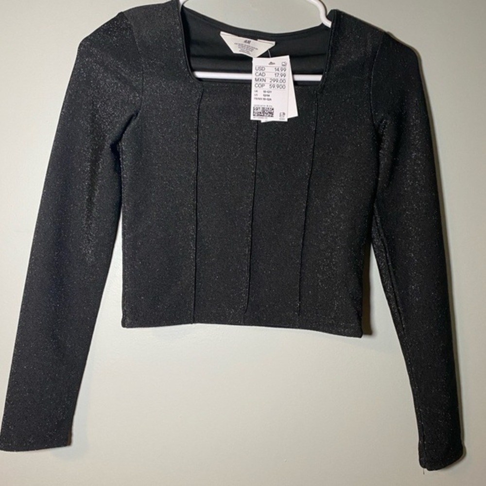 H&M Girls Crop Jersey Top Long Sleeve Black Size 10-12